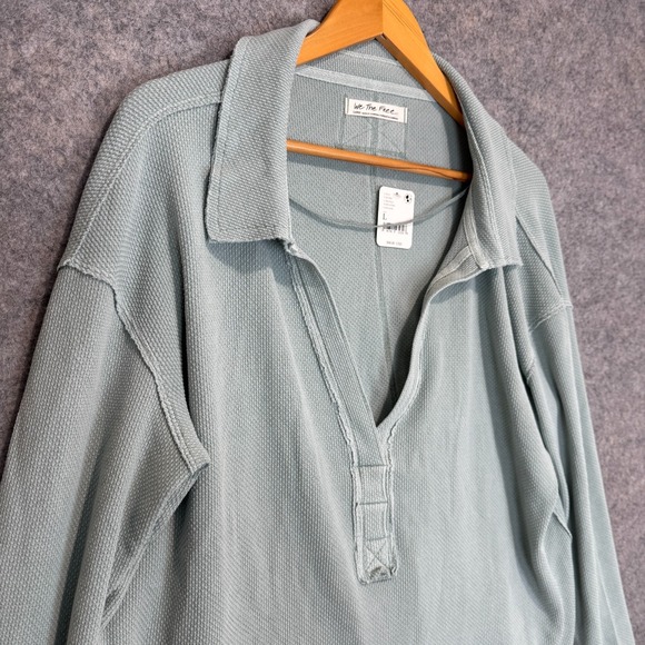 Free People We The Free Anakin Thermal Waffle Henley Top Large V Neck Knit Blue - Picture 3 of 13
